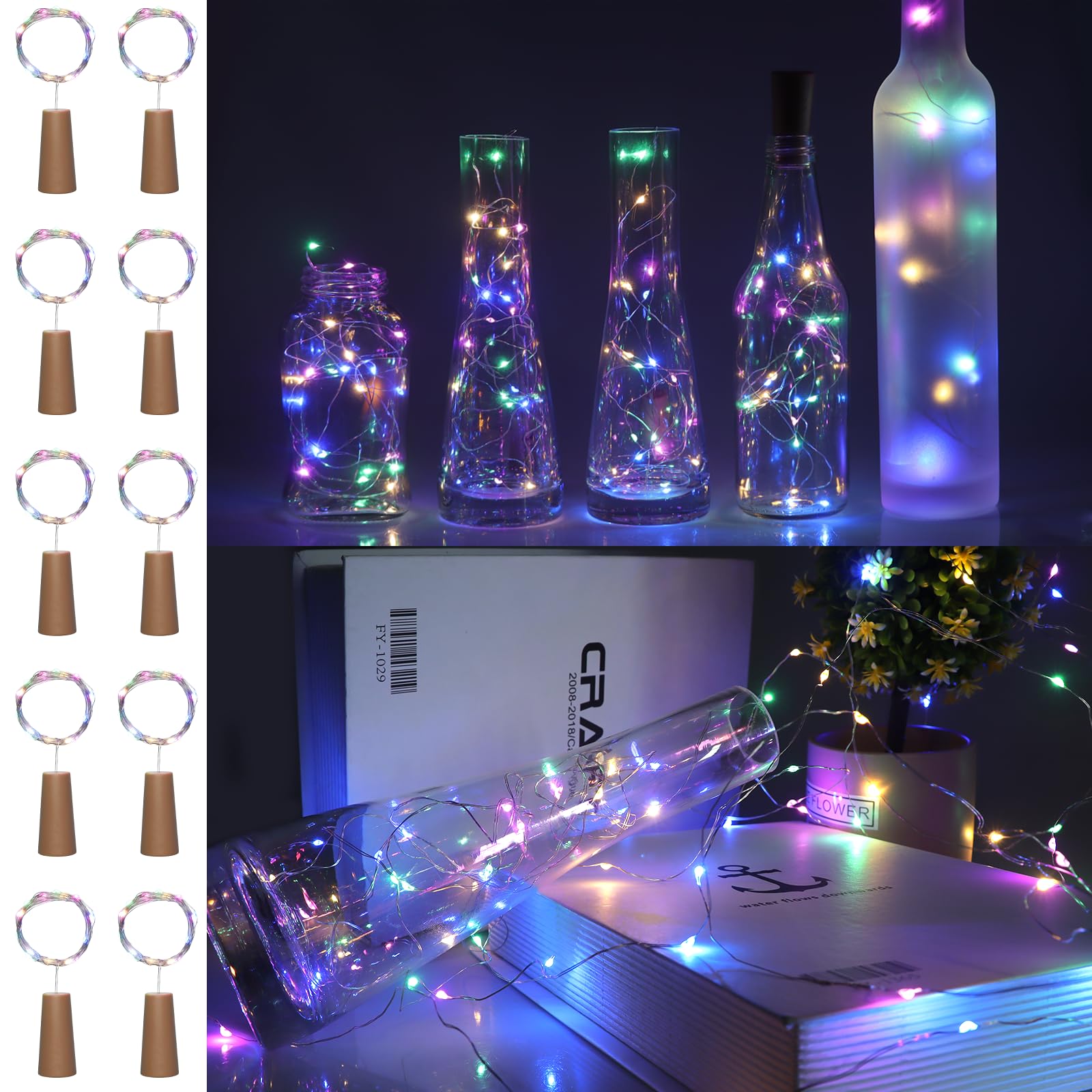 Liuyife 10 Pack Bottle Lights with Cork Multi-Color, 2M 20LED Mini Copper Wire Fairy Wine Bottle Lights, Waterproof Night Light, Suitable for DIY, Party, Christmas, Festival Decoration (Multi-Color)
