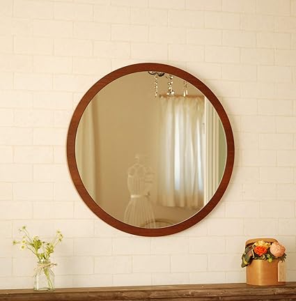 Amazon Co Jp 鏡 ミラー 壁掛け ウォールミラー ラウンドミラー L チーク ブラウン 52cm 日本製 ホーム キッチン