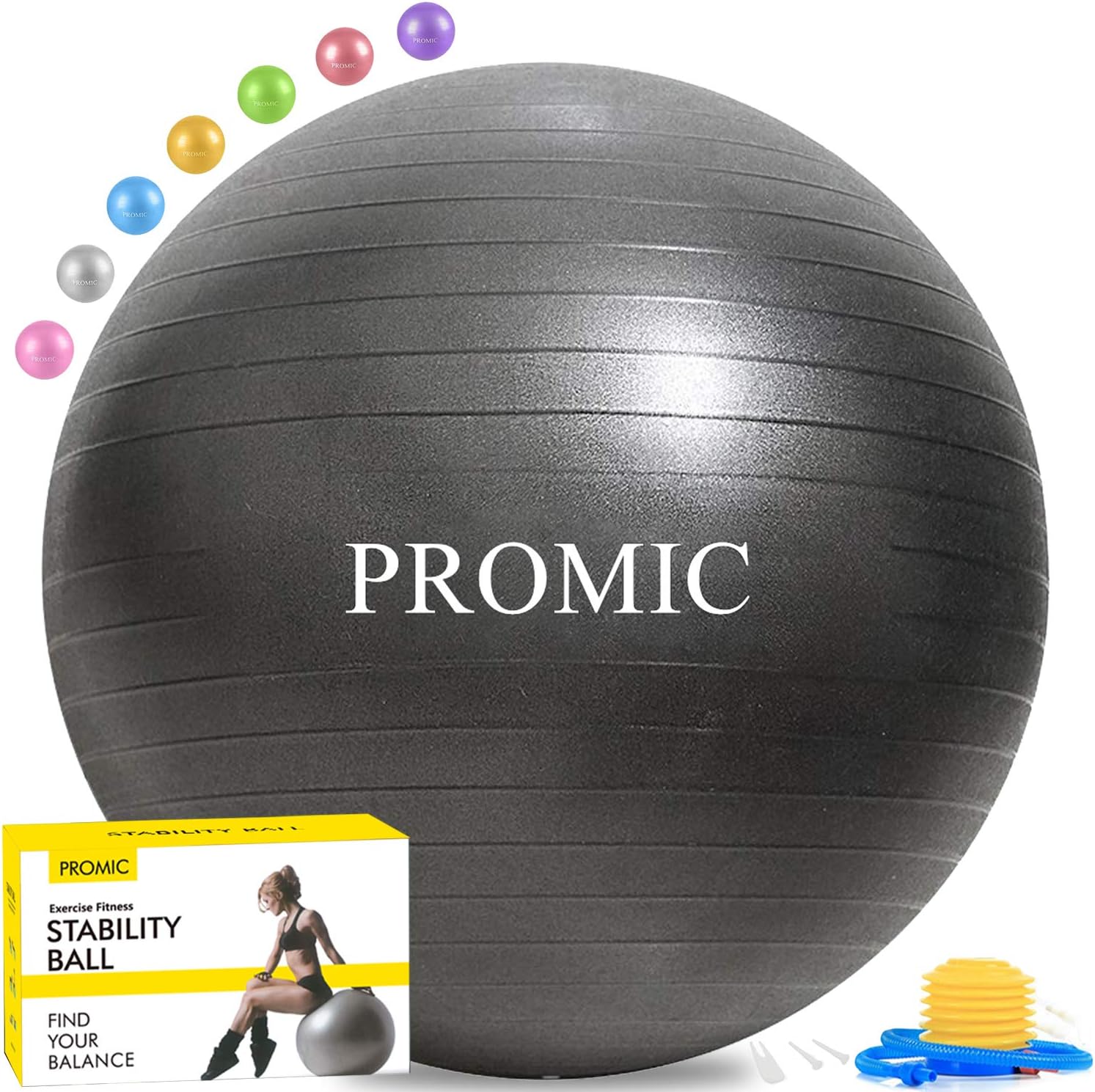 PROMIC Exercise Ball (45-85cm) with Quick Foot Pump, Professional Grade Anti Burst & Slip Resistant Stability Balance Ball for Yoga, Workout, Cardio Drumming, Classroom, Work Chair (8 Colors)