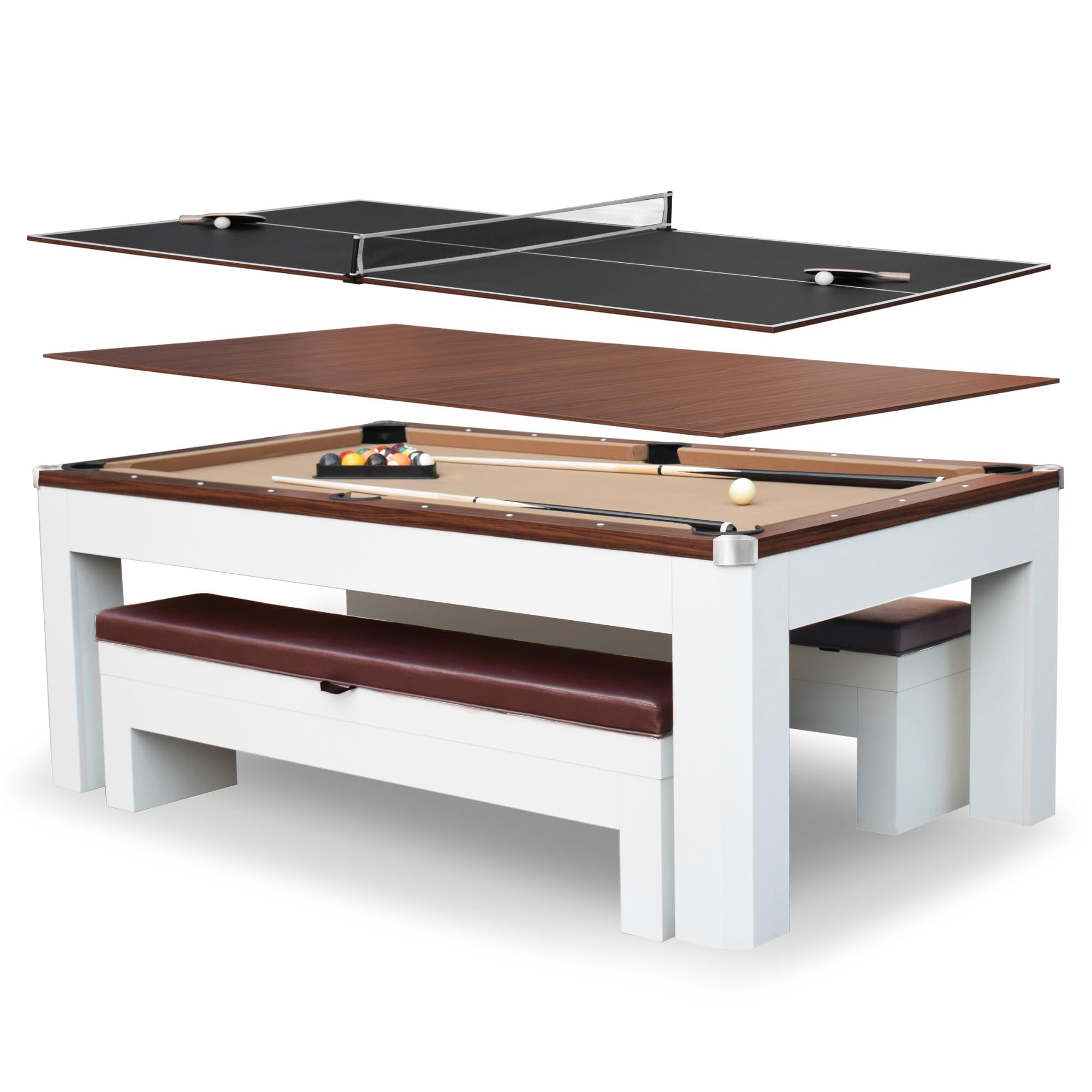 Photo 1 of Hathaway Newport II 7 Foot Dining Pool Table Combo with Game Accessories, & 2 Benches – Multifunctional Billiards Table with Ping Pong & Dining Top – White Finish, Walnut Accents, Camel Felt