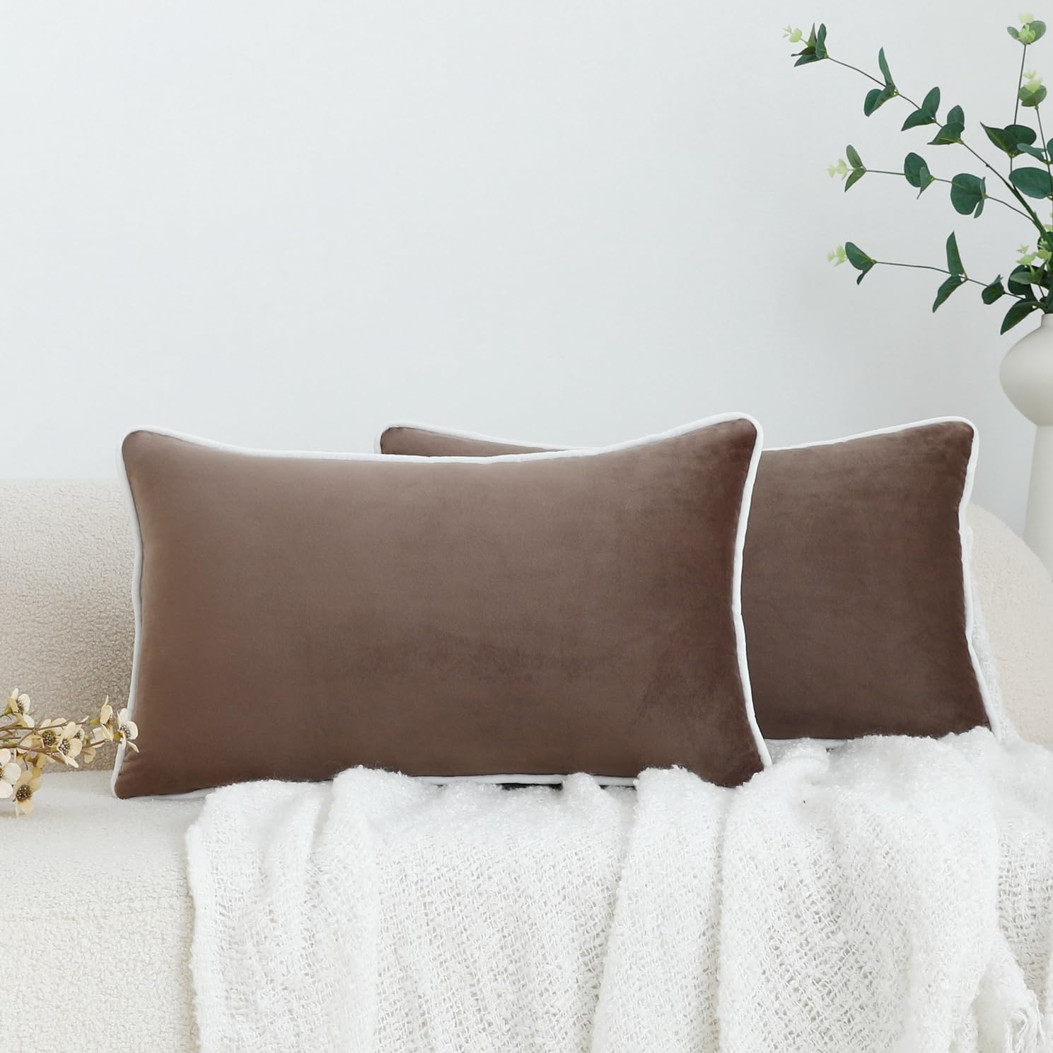 LIGICKY Set of 2 Tan Velvet Lumbar Pillow Covers Modern Minimalist Style Solid Decorative Black Rope Edging Soft Rectangle Cushion Cases for Sofa Bedroom Party Décor, 12 x 20 inch — image 1