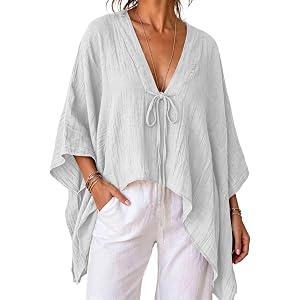 Summer Tops for Women V-Neck Tie-Front Poncho | Lightweight V-neck poncho top with front tie detail, relaxed and breezy for b