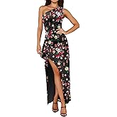 Prinbara Womens One Shoulder Floral Bodycon Maxi Dress 2026 Summer High Split Cocktail Party Wedding Guest Long Prom Dresses