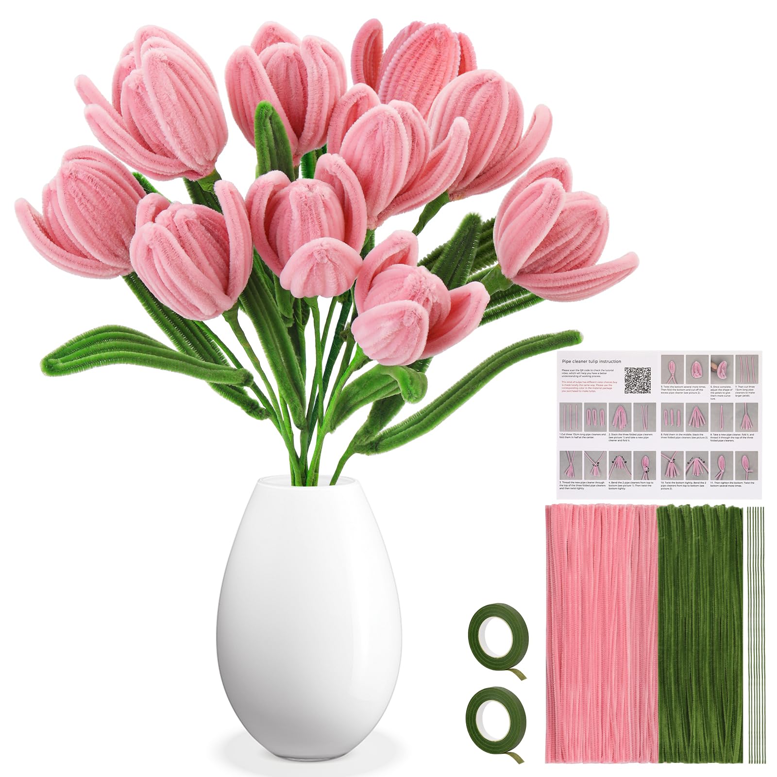 280PCS Pipe Cleaners for Craft flowers, Pipe Cleaners Craft Pipe Cleaners for Bouquet Set with instruction manual, Floral Tape, 20PCS Green Floral Wires Crafts Decoration