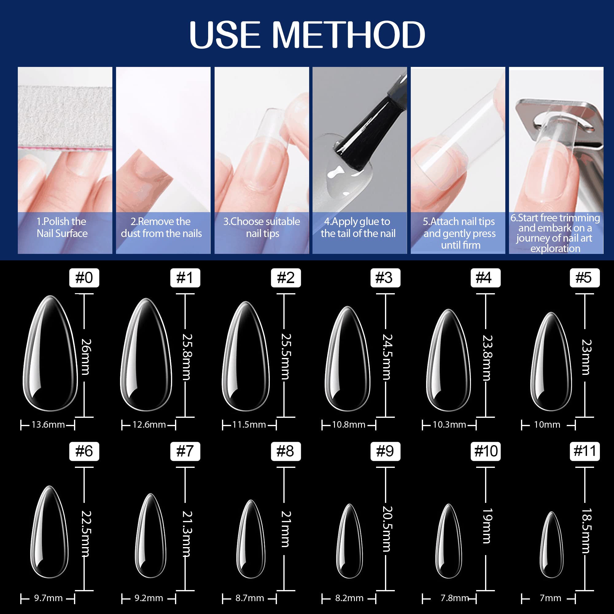 UNA GELLA Medium Almond Gel Nail Tips, 504PCS Clear Fake Nails Tips Shape Full Cover Acrylic Gel Nail Extension For Diy Home Salon 12 Sizes - Image 6