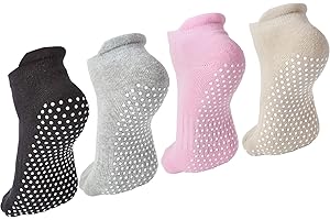 Hannahcos 4 Pairs Non Slip Yoga Socks, Women Grips Socks for Pilates Barre Home Workout Hospital Anti Skid Socks for Men