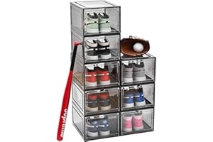 Uni HIMO Drop Front Shoe Box with Clear Door,8 pack Plastic Shoe Boxes Stackable,Thicken & Sturdy Organizer Containers For Sneakers,Fit up to US Size 12(13.5”x 10.5”x 7.4”) (Black Clear, 8 Pack)