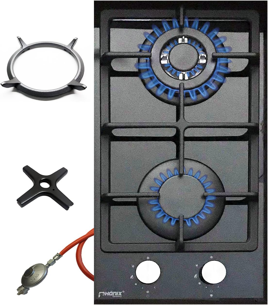 Phönix 102GBT Gaskochfeld Glas Gaskocher 2 flammig, Guss Wok-Aufsatz + Herdkreuz
