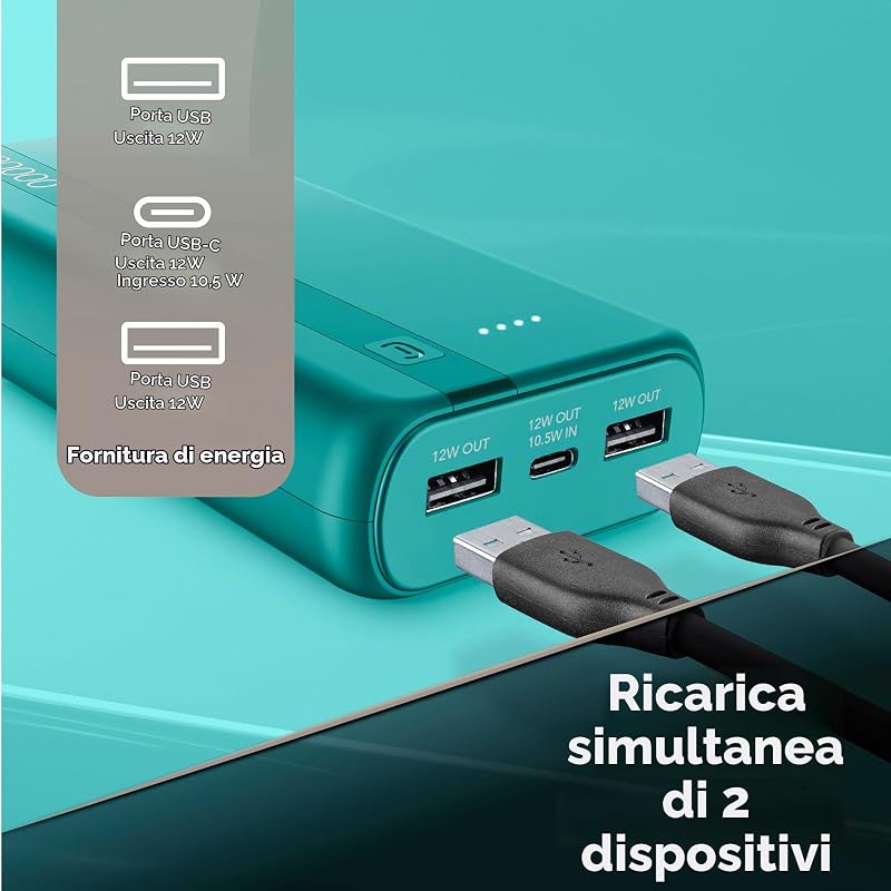 Power Bank 20000 mAh con USB-C In/Out + 2 Porte USB-A - Ricarica Multipla e LED Indicatore - Verde