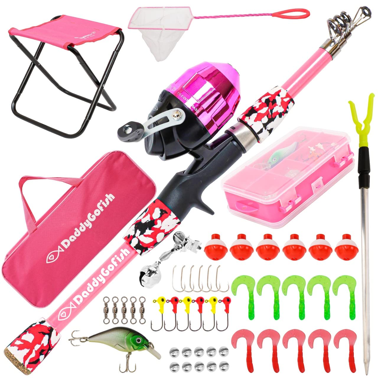DaddyGoFish Kids Fishing Pole - Rod Reel Combo Tackle Box Starter Set - First Year Small Dock Gear Kit for Boys Girls Toddler Youth Age Beginner Little Children Junior Anglers (Pink, 5ft)