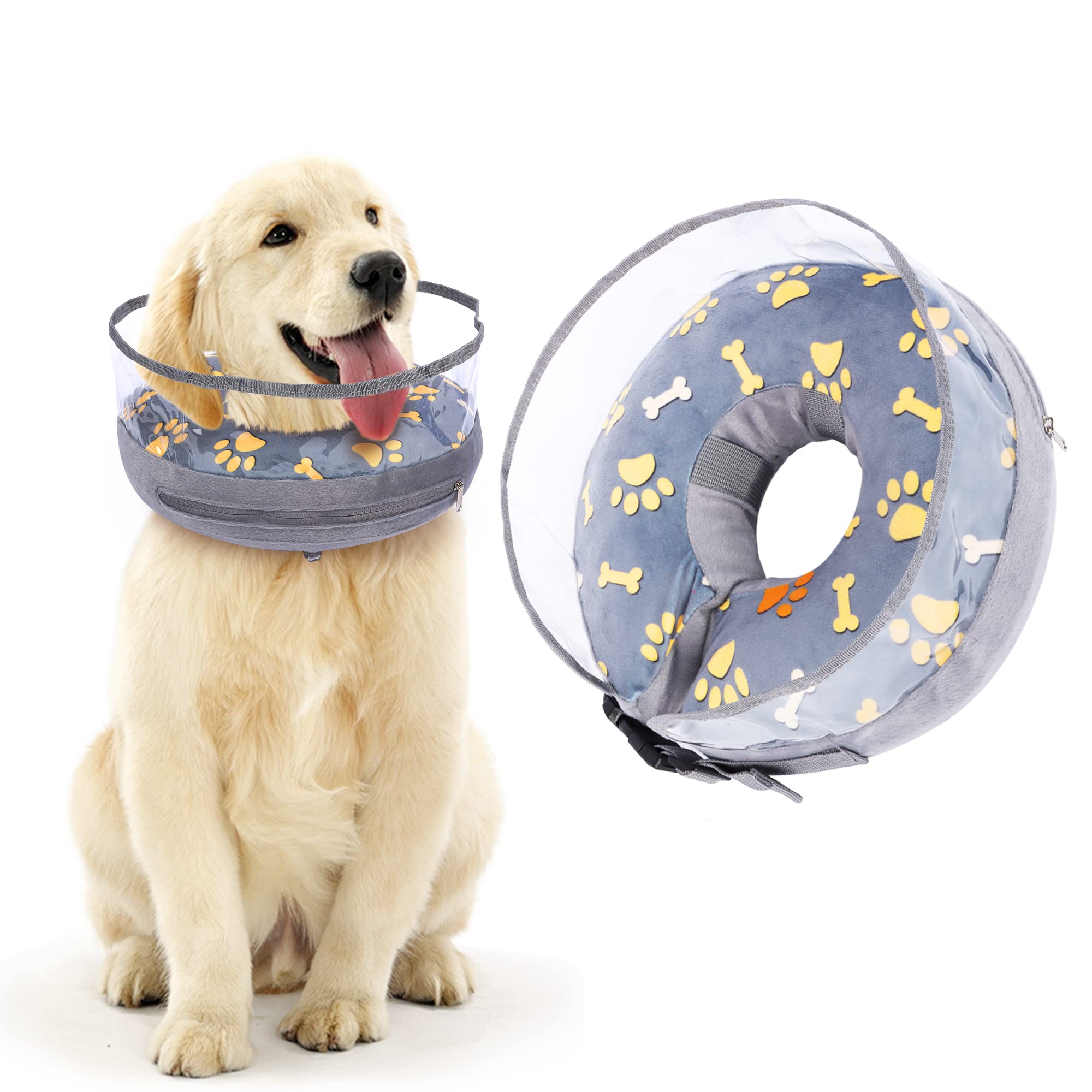 Cute Cat & Dog Inflatable Collar - Comfortable Recovery Collar (Grey, M)