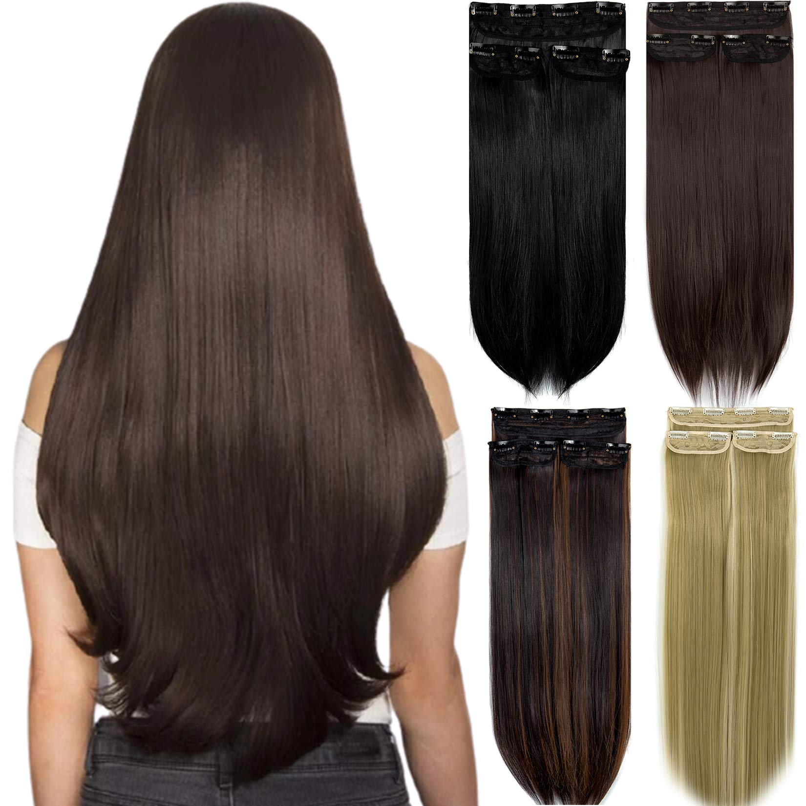 Clip in Hair Extensions 3Pcs 8Clips Straight Thick Full Head Double Weft Clip on Synthetic Hair Extension Hairpieces for Women (18" Ash Blonde Mix Bleach Blonde)