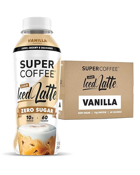 SUPER COFFEE, READY TO DRINK ICED COFFEE, VANILLA LATTE (12 OUNCE BOTTLES, PACK OF 12) – LOW NET CARBS, NO ADDED SUGAR, KETO FRIENDLY, 10G OF PROTEIN, LOW CALORIE, PROTEIN COFFEE