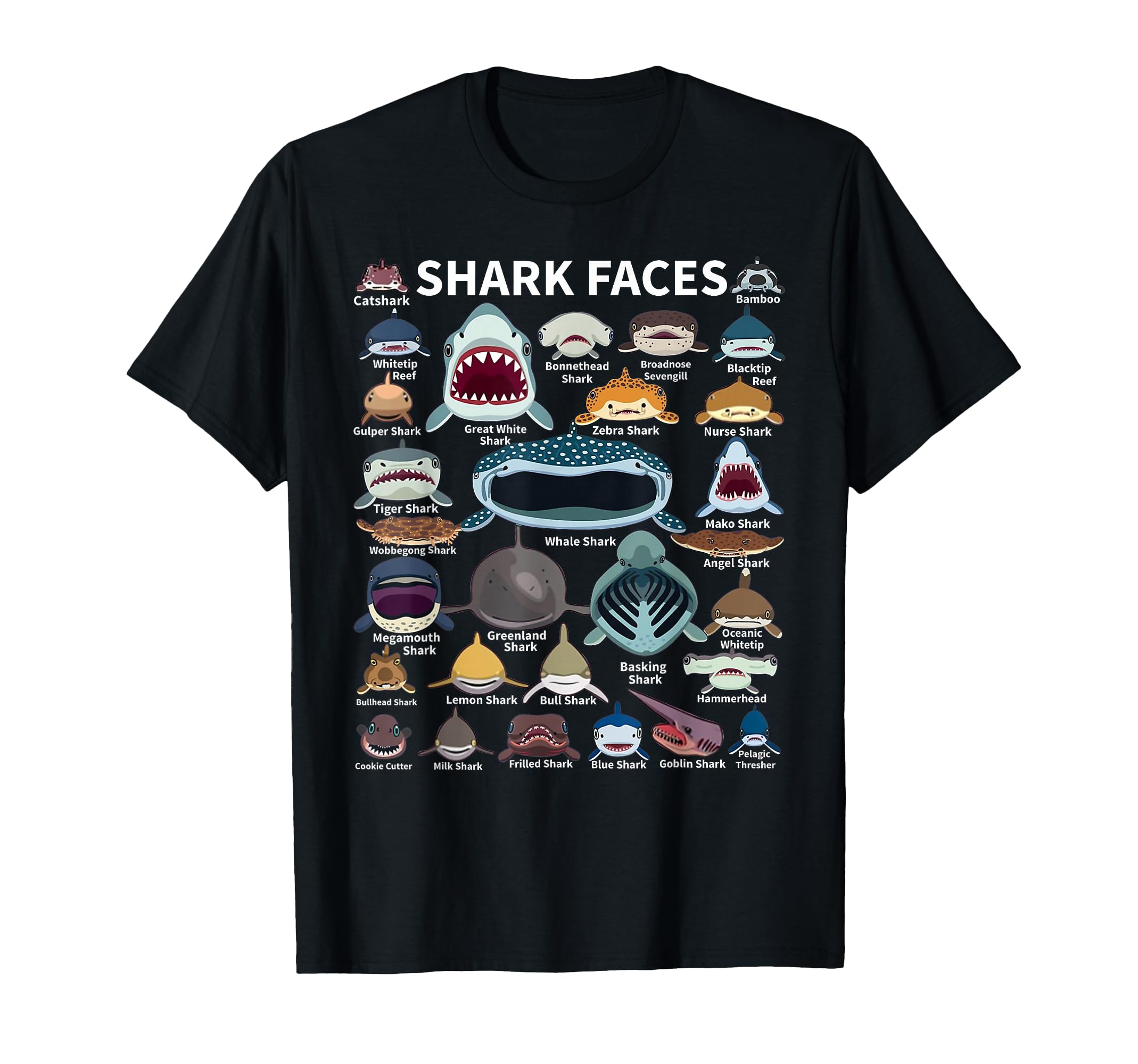 Photo 1 of Shark Faces - Type of Shark - Shark Faces of All Kinds T-Shirt (grey shirt)