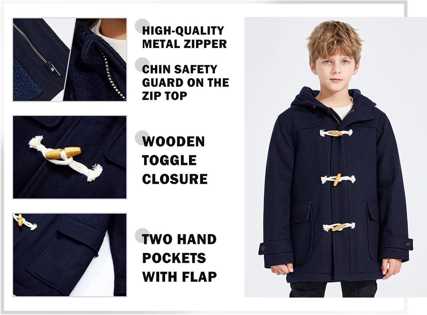 maoo garden Boys Winter Wool Coat Dress Peacoat Kids Heavy Sherpa Jacket Hooded Warm Thicken Windproof Overcoats: Clothing