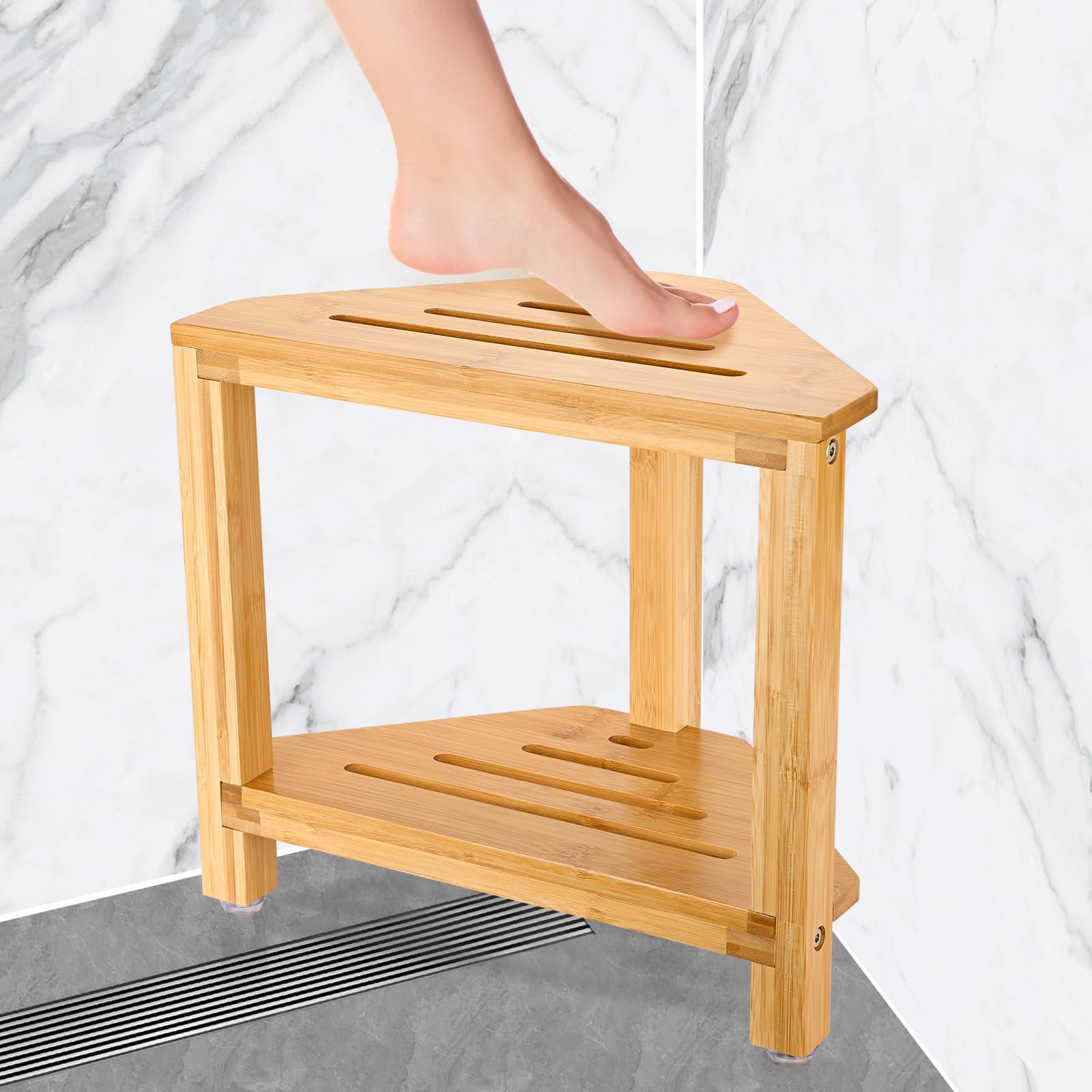 Photo 1 of IBosins Corner Shower Stool Shower Foot Rest for Shaving Legs Small Shower Bench for Inside Shower to Sit on Bath Stool with Storage Shelf Shower Accesories (Bamboo Wood)