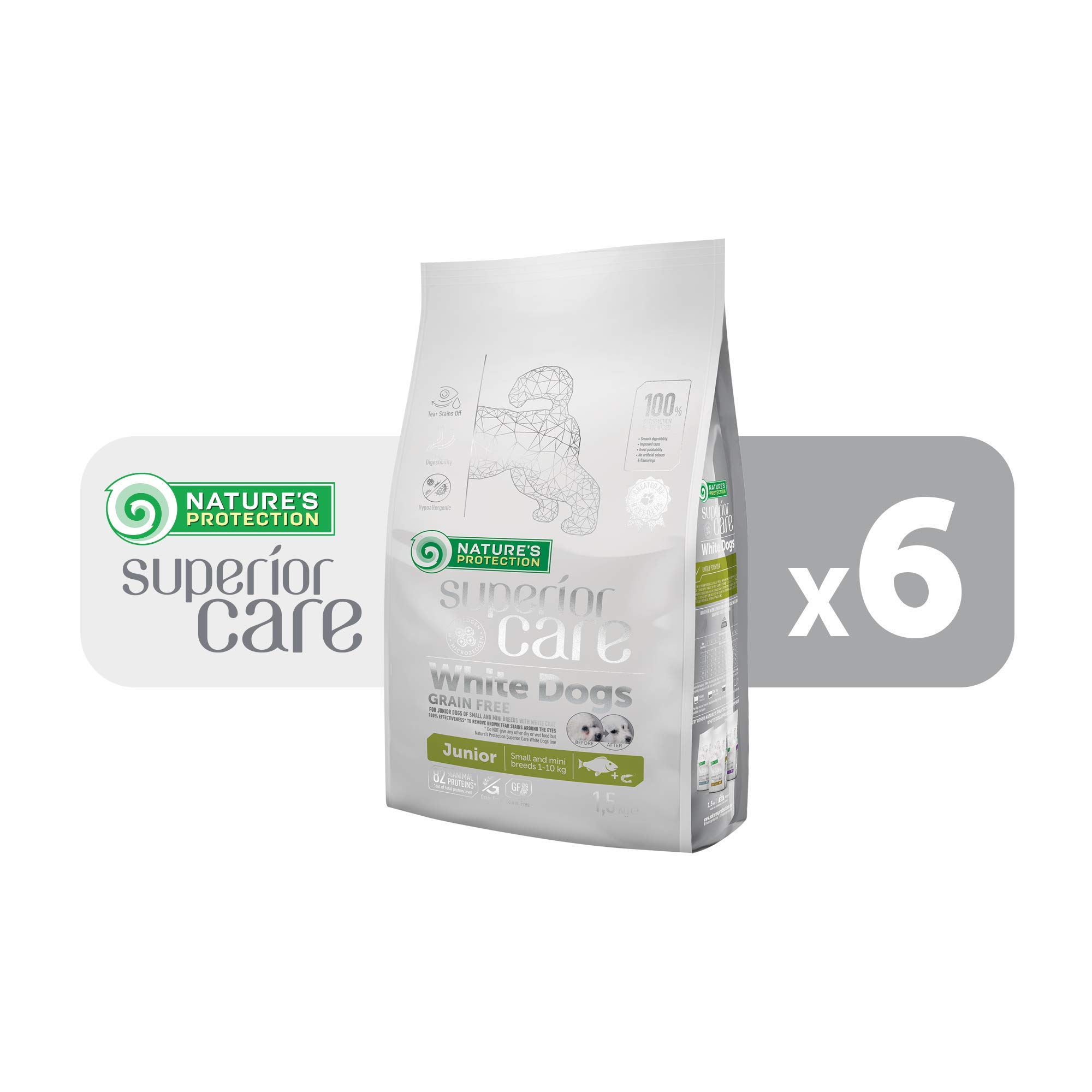 Nature's Protection Superior Care White Dog Food Dry - Hypoallergenic Grain Free Dog Food - Bichon Frise Maltese Food No Tear Stain - Junior (3-12 Months Age) Small Mini Breeds - White Fish, 6 x 1.5kg