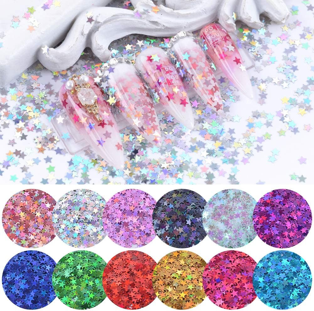 QIMYAR Nail Art Five Star Charming Sequin 3D Design Decals Glitter Fakes Tips for Face Eyes Body Hair 12 Colors