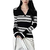 MakeMeChic Women's Striped V Neck Sweater Collared Long Sleeve Old Money Pullover Tops