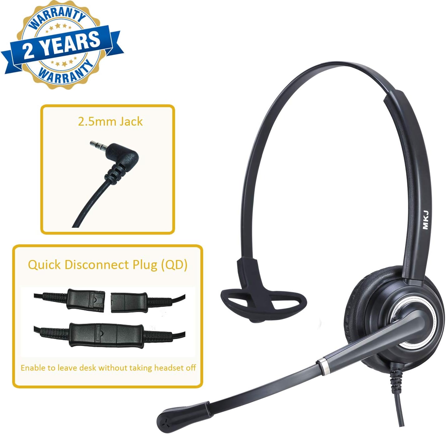 2.5mm Headset with Microphone Noise Canceling Corded Telephone Headset for Office Phones Wired Desk Headset for Panasonic KG-TGEA20 KX-TGF380M KX-TGA680 Cisco 303 504G 512G AT&T TL86103 Uniden Vtech
