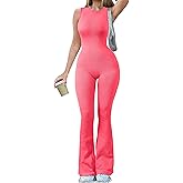 OQQ Women Yoga Jumpsuits Ribbed Crew Neck Sleeveless Bell Bottoms Flare Jumpsuits