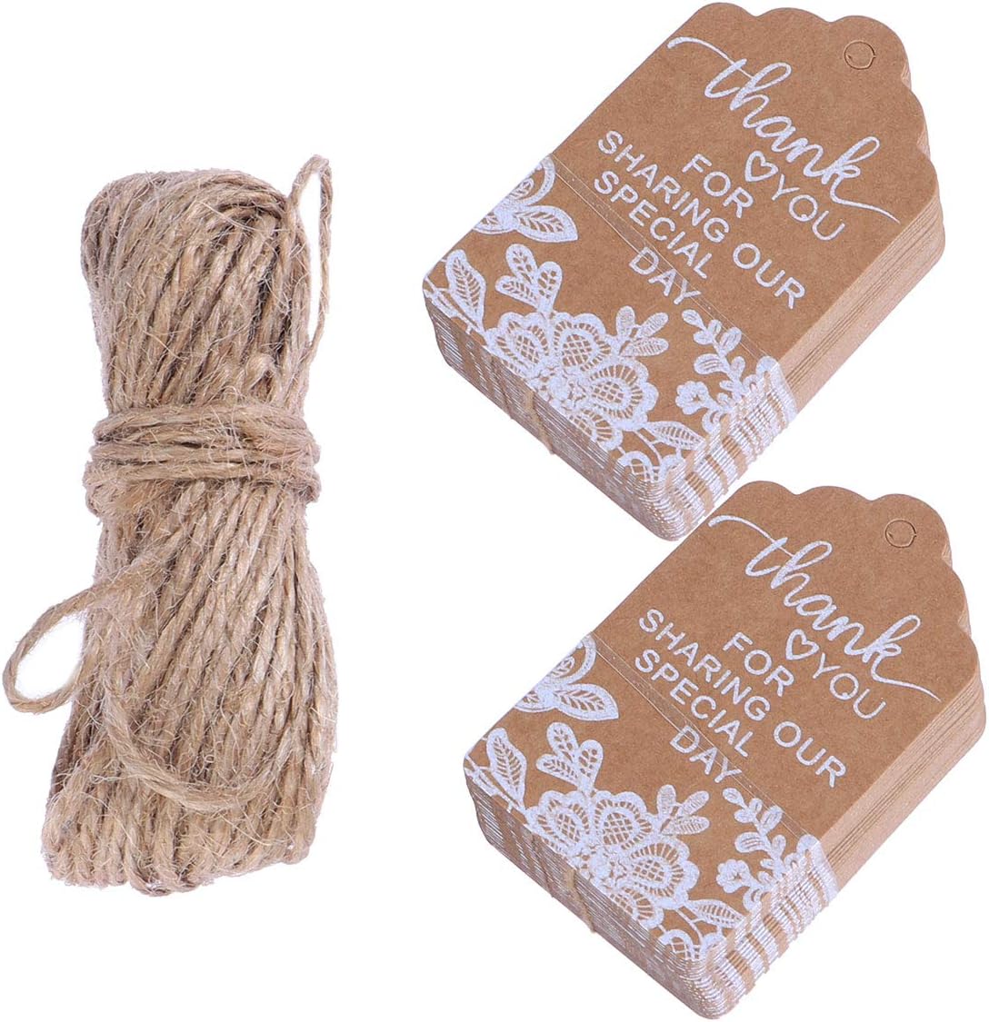 SUPVOX Wedding Favour Tags White Lace Kraft Paper Hang Tags with Hemp Rope 7X4Cm for Thank You Decorations 50Pcs