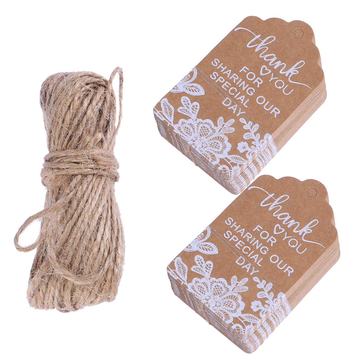SUPVOX Wedding Favour Tags White Lace Kraft Paper Hang Tags with Hemp Rope 7X4Cm for Thank You Decorations 50Pcs