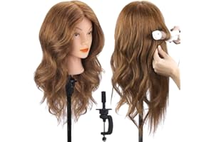 Mannequin Head with 100% Real Hair, TopDirect 18" Brown Real Hair Cosmetology Manikin Head Hairs Styling Hairdressing Practice Training Doll Heads with Clamp Holder and Tools