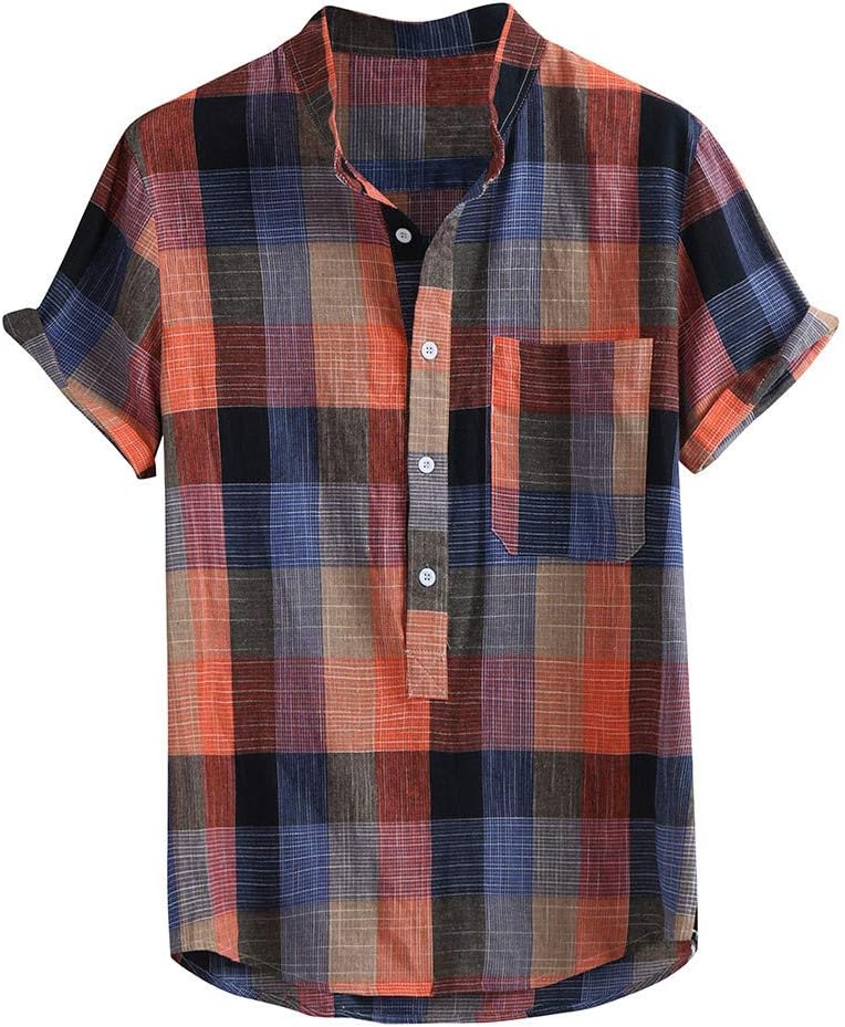 VOWUA Shirts for Mens Vintage Casual Comfy Button Hawaii Plaid Print Beach Short Sleeve Top Blouse