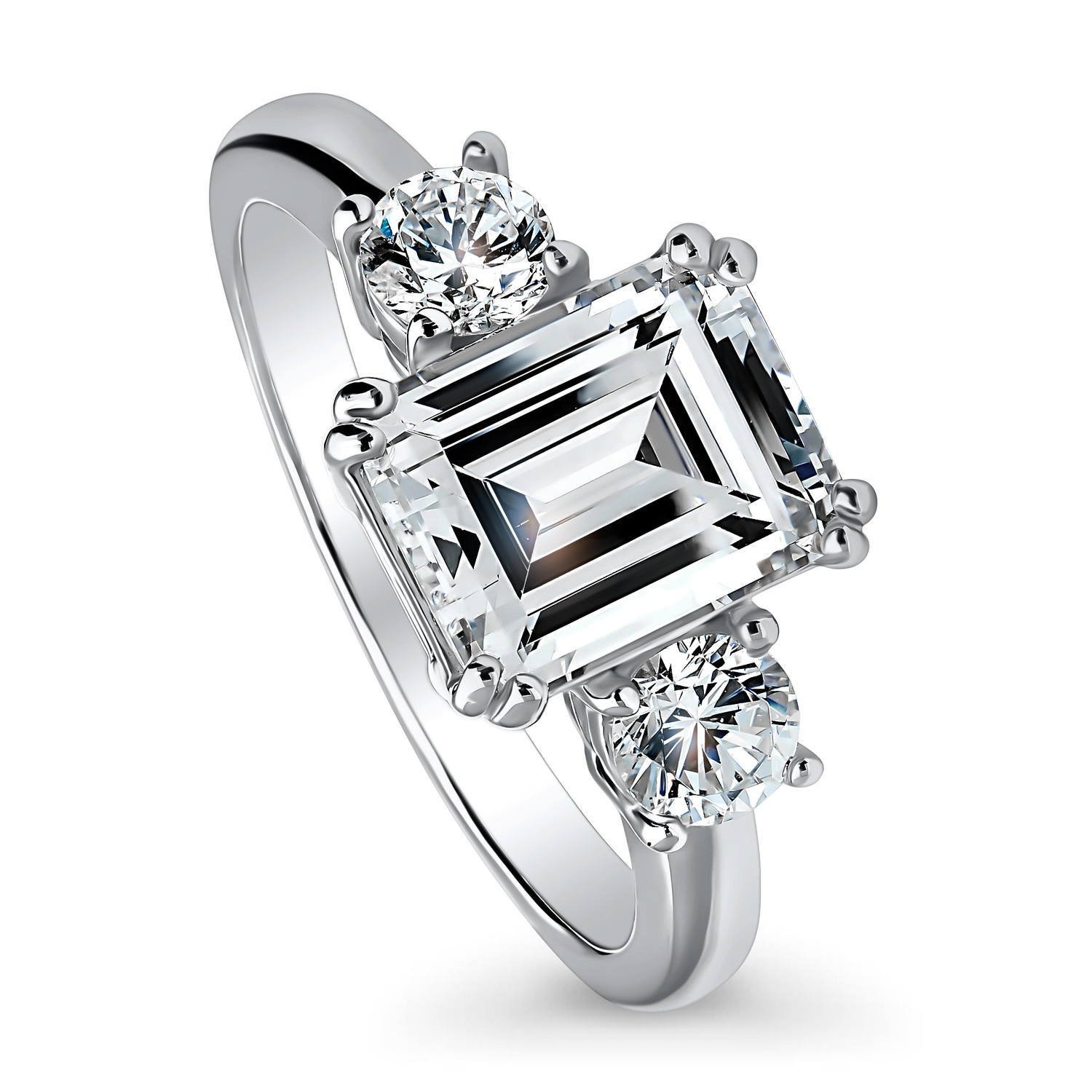BERRICLESterling Silver 3-Stone Wedding Engagement Rings Emerald Cut Cubic Zirconia CZ Promise Ring for Women, Rhodium Plated Size 4-10