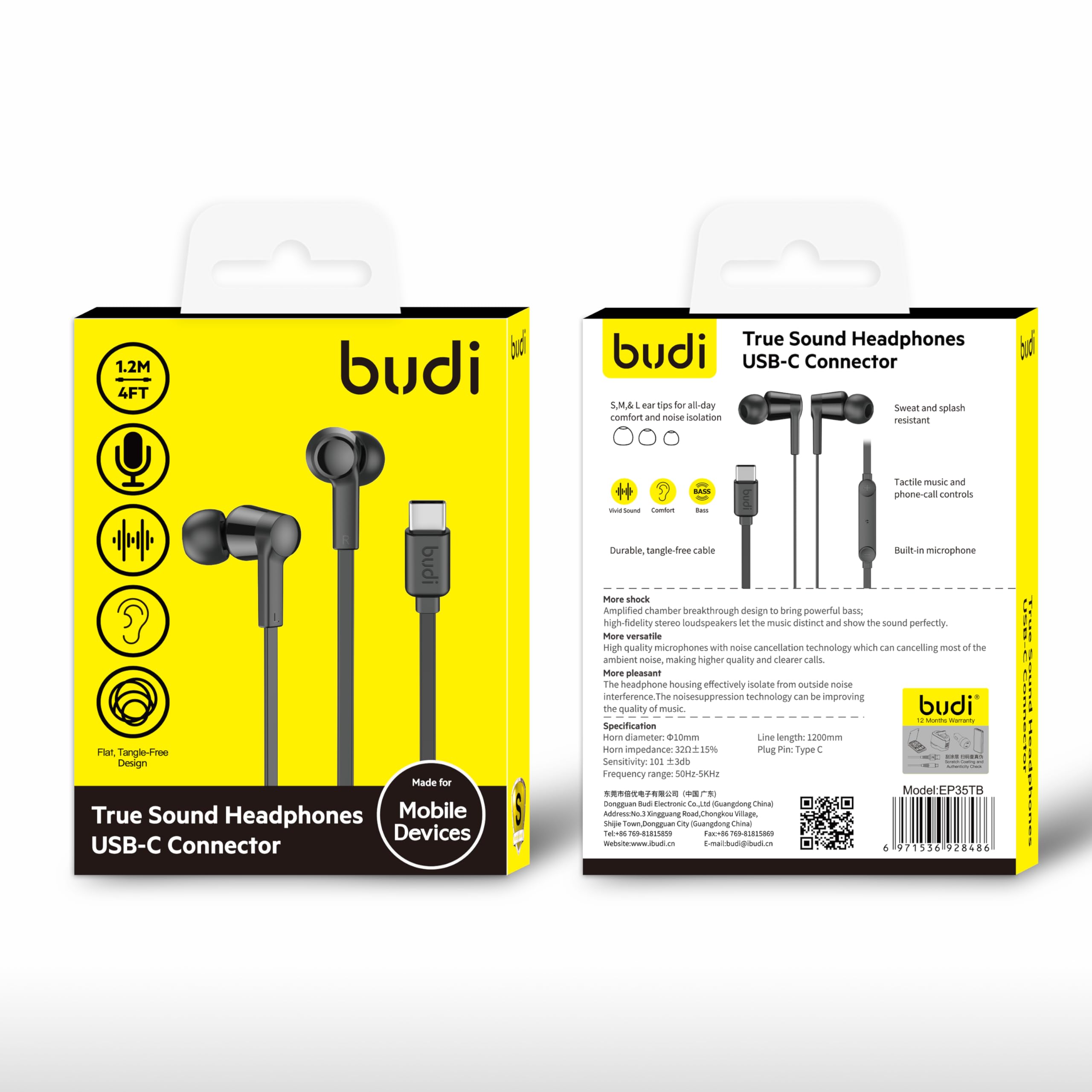 BUDI - True Sound Headphones USB-C Connector, Black - EP35TB