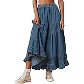 YEXPINE Women's Swing Chambray Maxi Skirt Elastic Waist Pleated Tiered Flowy Long Skirts Retro Denim Skirt