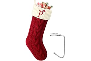 LHMTQVK Large Christmas Stocking with Initials, Embroidered Knit Christmas Stocking with Hook, Custom Christmas Stockings, Xmas Stockings for Family Fireplace Holiday Party Gift