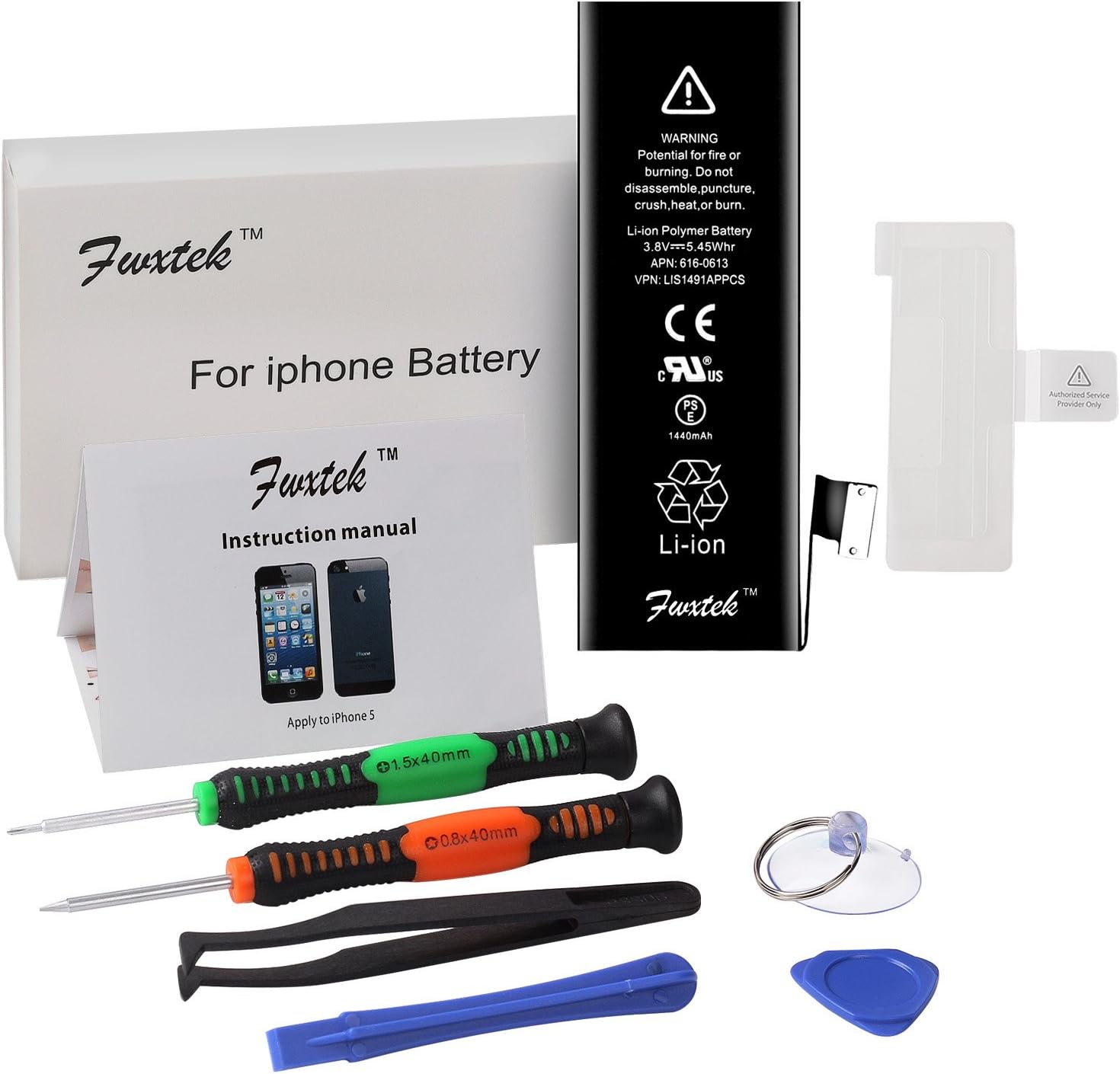 Battery Charger Internal Li-ion Replacement for iPhone 5 (Not 5S or 5C) with Complete Repair Tools Kit and Instructions by Fwxtek - 1 Year Warranty