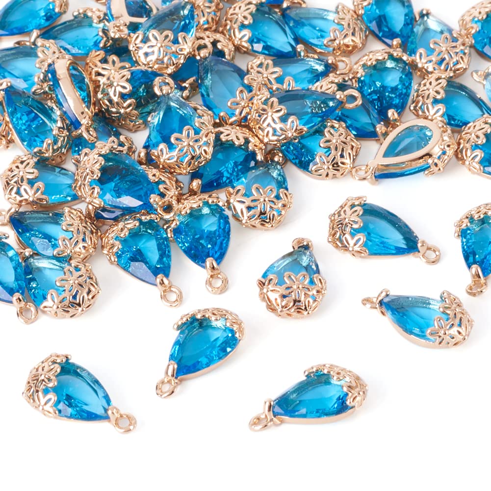 Craftdady 50pcs Faceted Glass Dangle Charms Teardrop Small Crystal Beads Pendants with Light Gold Frame for Jewellery Necklace Earrings Making, DodgerBlue