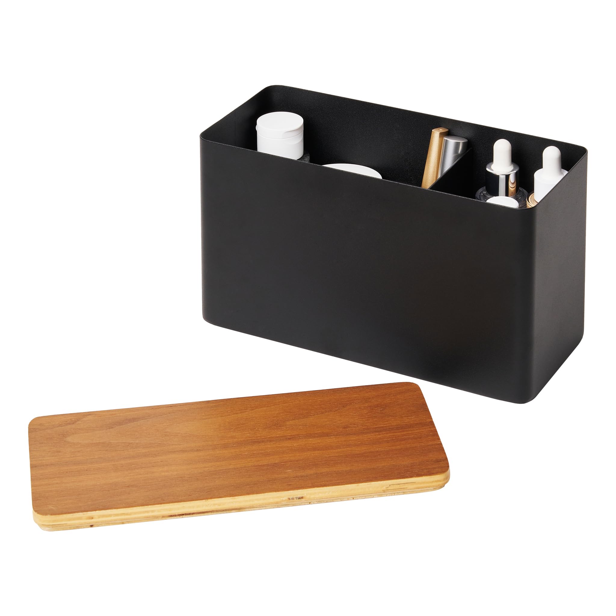 YAMAZAKI 4807 RIN Storage Box, black, Steel/Plywood, Minimalist, 23 x 10.5 x 14 cm