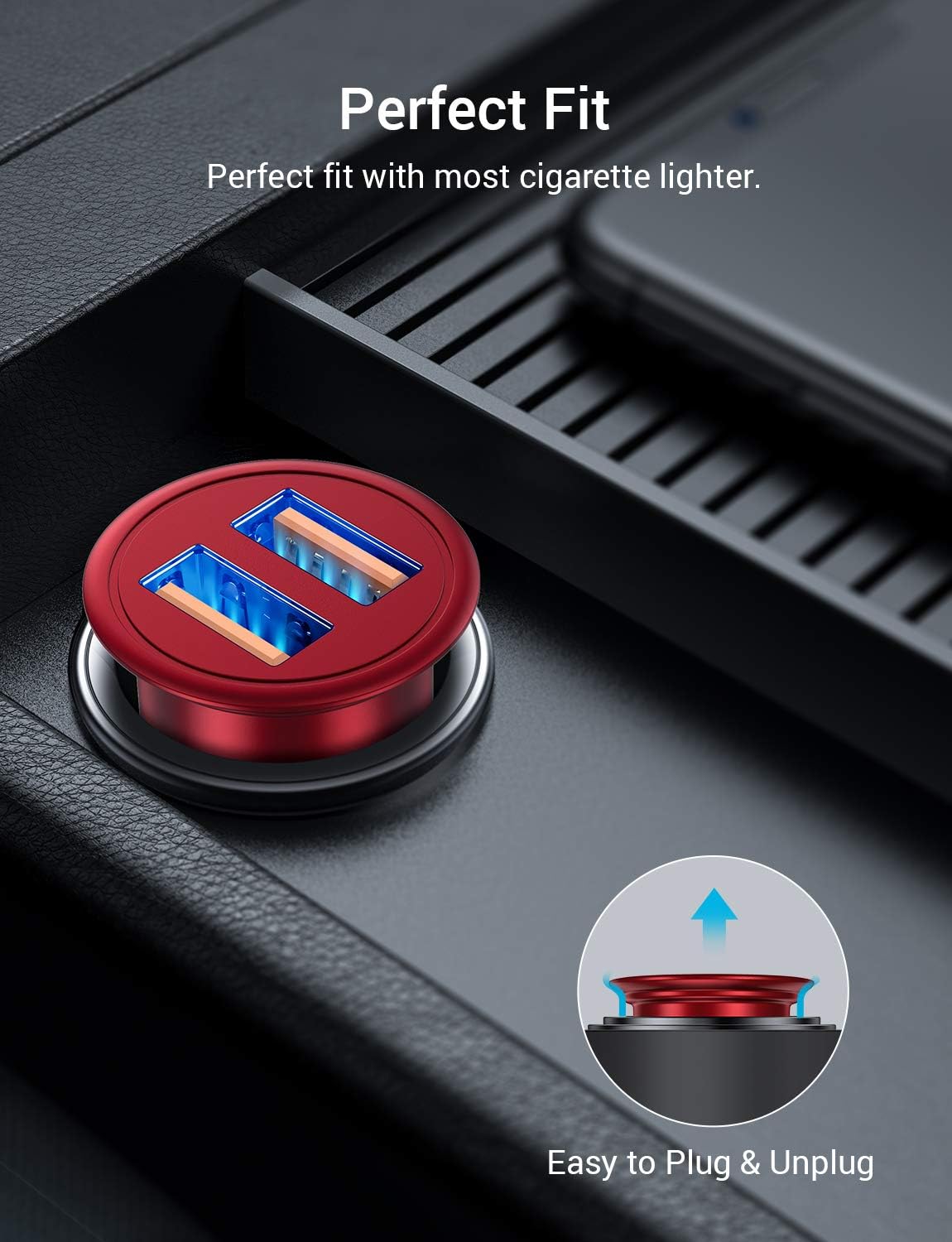 AINOPE USB Car Charger, [Dual QC3.0 Port] 36W/6A [All Metal] Fast Car Charger Mini Cigarette Lighter USB Charger Quick Charge Compatible with iPhone 11/11 pro/XR/X/XS, Note 9/Galaxy S10/S9/S8-RED: Electronics