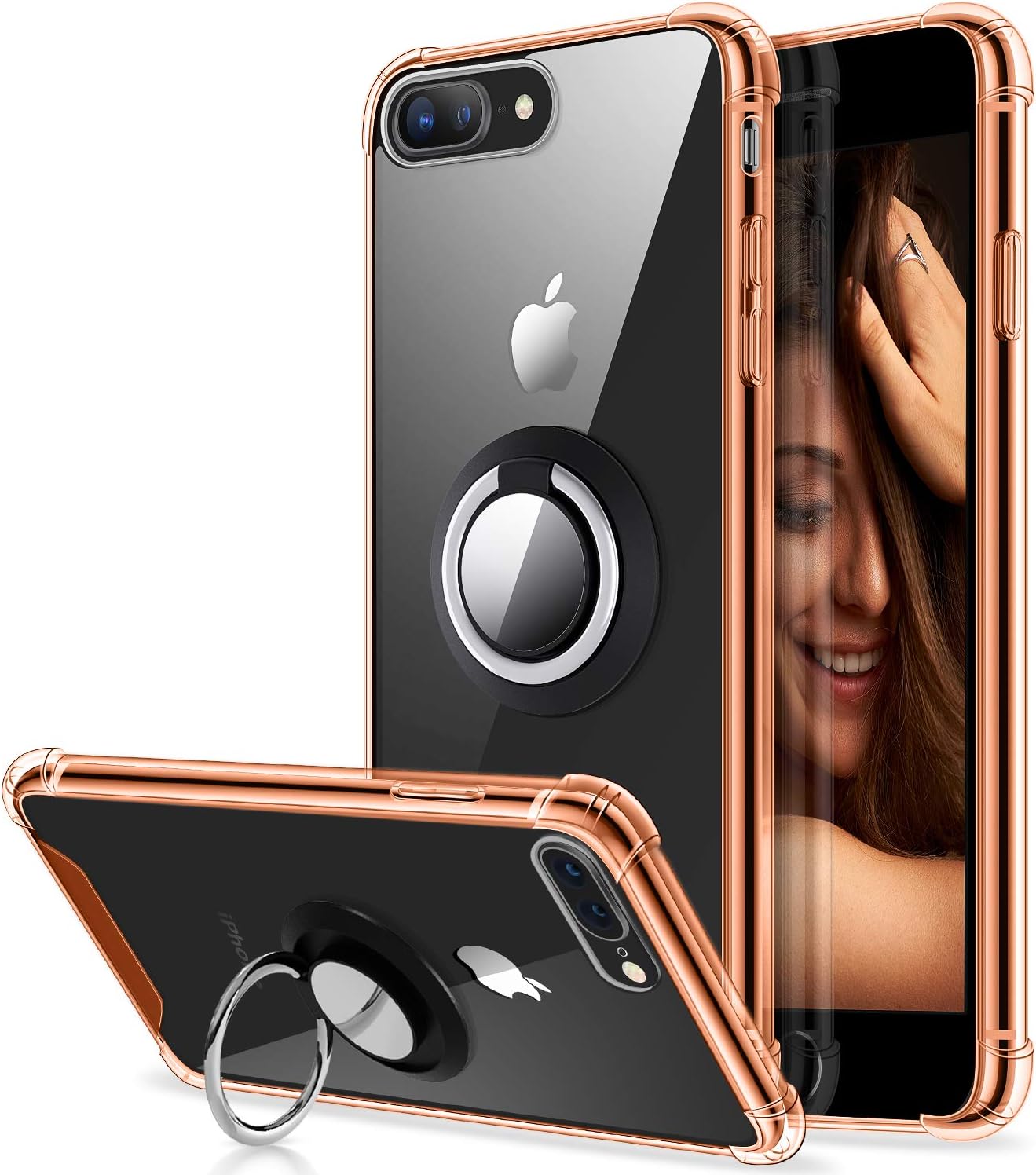 DAUPIN Compatible with iPhone 8 Plus Case with 360 Rotation Metal Ring Holder Stand, Support Magnetic Car Phone Mount Soft TPU Bumper PC Clear Hard Protective Phone Case for iPhone 7 Plus (Rose Gold)