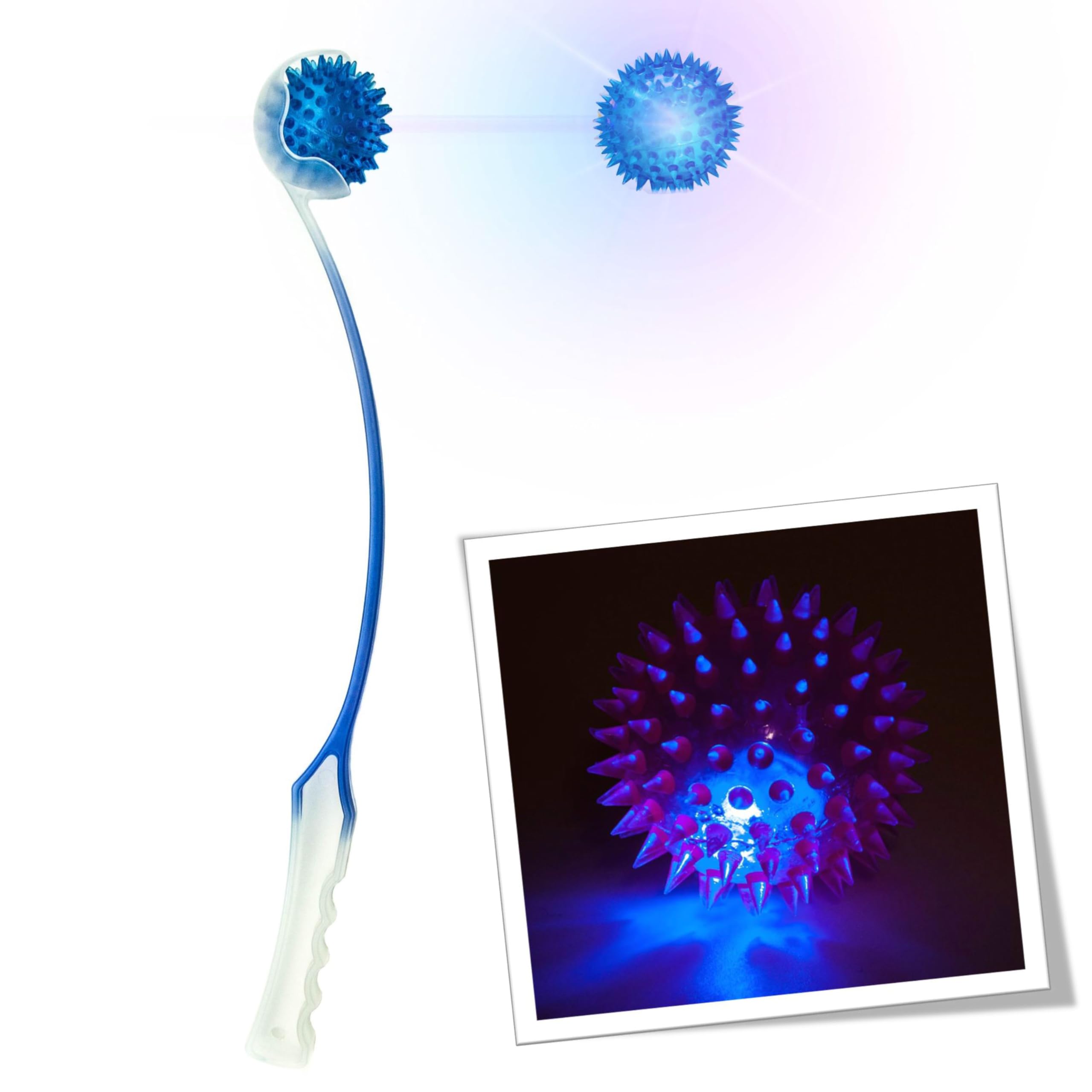 Petopedia LIGHT UP Dog Ball Thrower – 46 cm Long Launcher with Flashing Balls for Dogs – Strong Grip, Easy Pick Up & Throw, Lighting Up Spiky Ball Launchers, Interactive Toys (18", Blue (2 Tone))