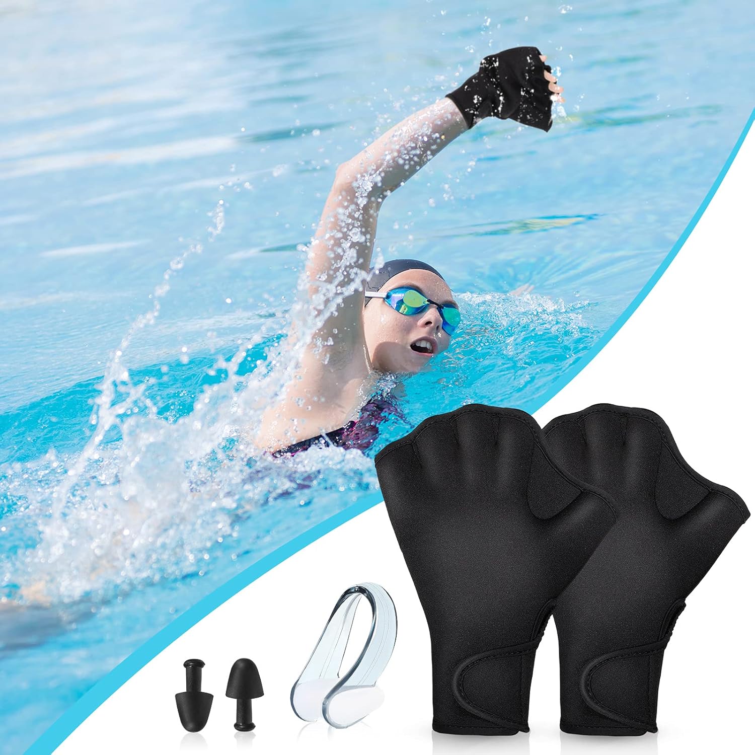 Skylety 5 Pieces Swimming Aquatic Gloves with Swim Earplugs and Swimming Nose Clip, Webbed Swim Training Gloves for Helping Upper Body Resistance, Swimming Accessories for Adults and Children : Sports & Outdoors