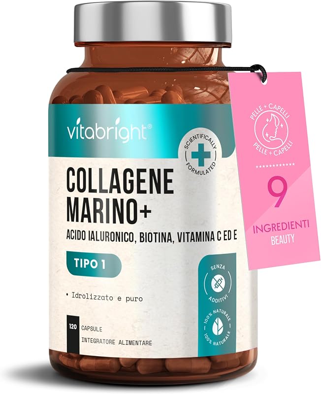 Collagene Marino con Acido Ialuronico 2450mg | 120 Capsule | Peptidi di Collagene Idrolizzato con Vitamina C, E, B2, Biotina, Zinco, Rame | Biotina e Zinco per Pelle e Capelli | VitaBright