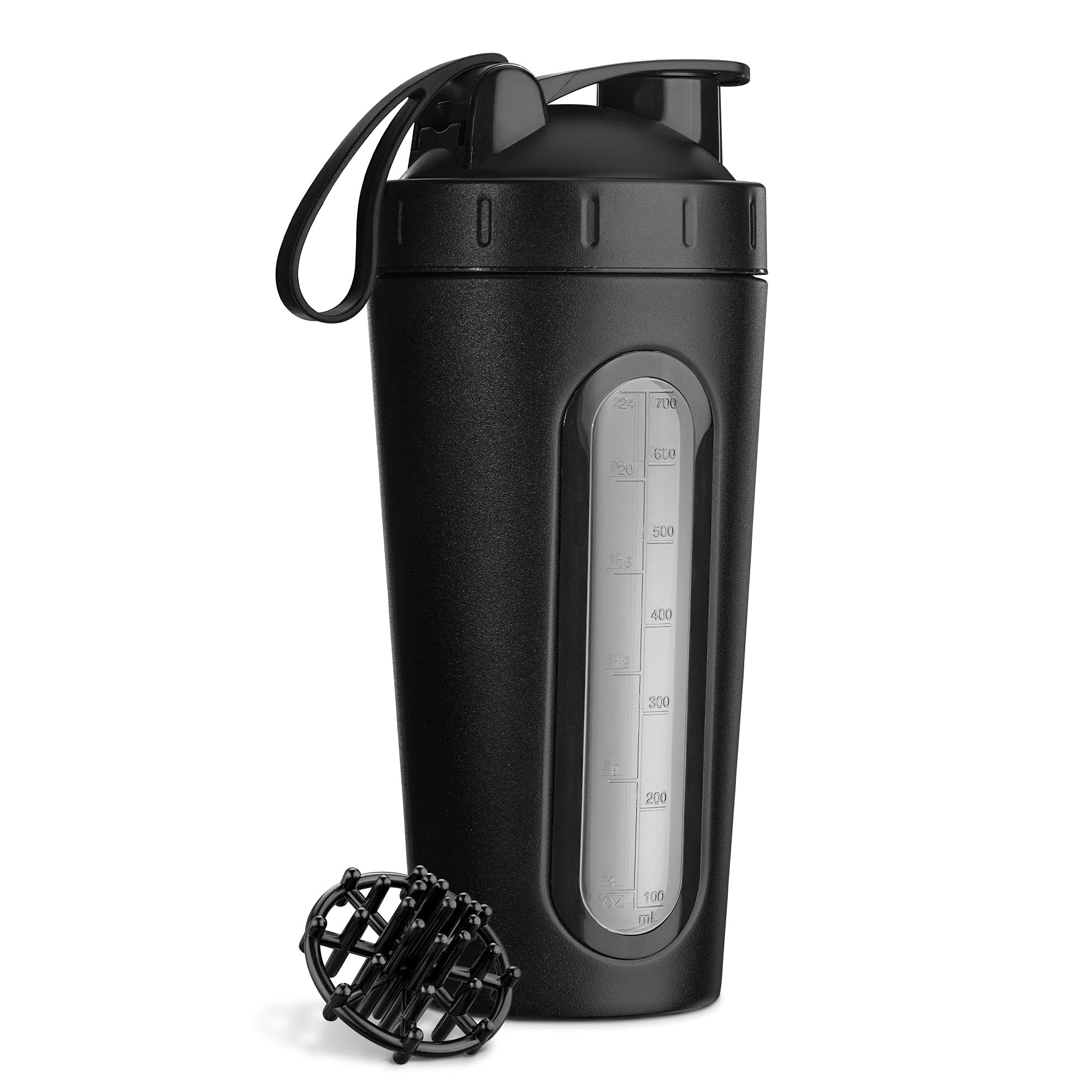 Navaris Stainless Steel Protein Shaker - 750ml Metal Nutrition Protein Fuel Drink Bottle with Mixer Blend Ball - 0.75 Litre Protein Shaker - Black