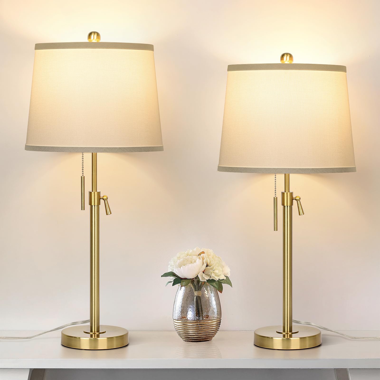 Photo 1 of JUNNAI 2 Pack 22"-30" Adjustable Height Table Lamps Set, Modern Gold Table Lamps with White Shade 3 Colour Temperature Pull Chain Tall Lamps for Living Room Bedroom Bedside End Table Nightstand