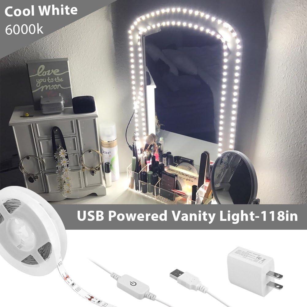Usb Powered Vanity Mirror Lights Megulla 10ft Flexible Led Strip Light With On Off Switch And Dimmer For Makeup Dressing Tables And Bathroom Mirror Diy Hollywood Style Mirror Cool White 6000k Amazon Ca Patio