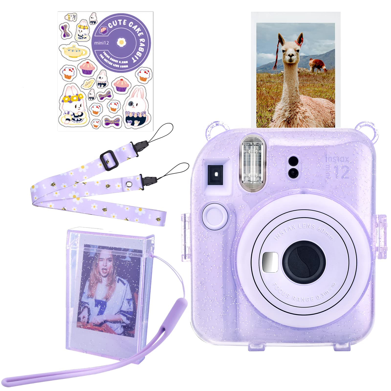 HIYQIN Great Glitter Clear Case with Portable Photo Box Compatible with Fujifilm Instax Mini 12, Instant Mini 12 Case with Accessories - Glitter Purple