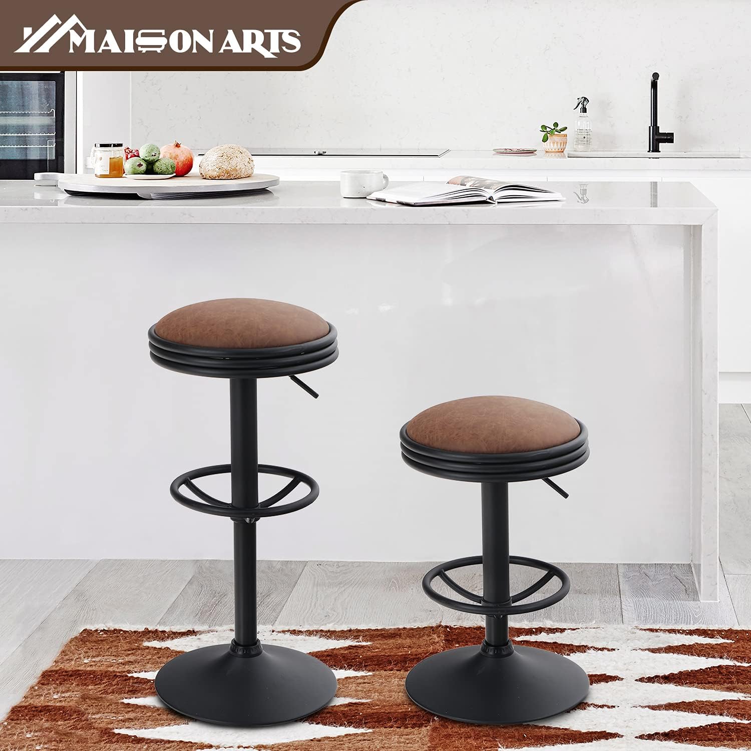MAISON ARTS Swivel Bar Stool for Kitchen Counter Adjustable Backeless Barstool Farmhouse Counter Height Bar Chair Modern Kitchen Island Stools Backless Upholstered Round Barstool, 1 Stool, Brown: Kitchen & Dining