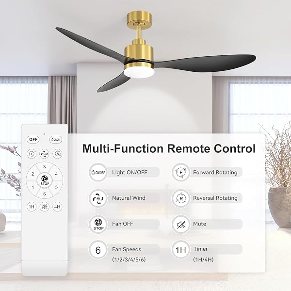 BREEZARY 52″ CEILING FANS WITH LIGHTS AND REMOTE, QUIET DC MOTOR, 3 REVERSIBLE BLADES, MODERN GOLD AND BLACK CEILING FAN WITH 3-COLOR LED LIGHT FANDELIER FOR BEDROOM LIVING ROOM