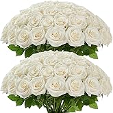 Carlita‘s Blooms 50pcs Ivory Roses Artificial Flowers Bulk Fake White Roses Silk Flower with Stems Realistic Flowers for Wedding Centerpiece Party Birthday Decor