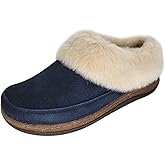 Clarks Womens Slipper Suede Leather Scuff Toe - Plush Faux Fur Collar/Lined With A Cork Midsole - Open Back Indoor Outdoor House Slippers For Women (Navy US 6)
