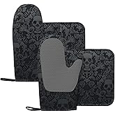 NELife Gothic Skull Oven Mitts and Pot Holders Sets of 4,Resistant Hot Pads with Silicone Non-Slip BBQ Gloves for Kitchen,Cooking,Baking,Grilling